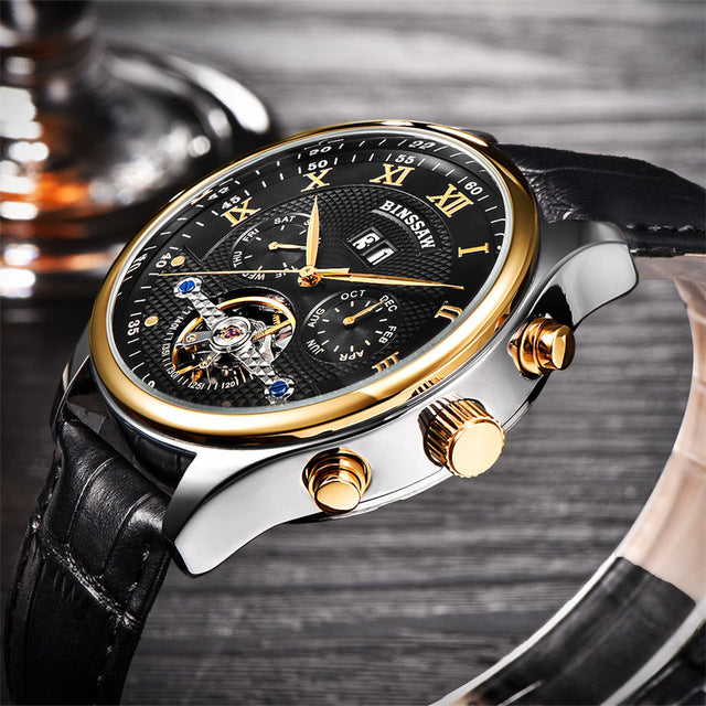 Fashion Luxury Brand BINSSAW leather Tourbillon Watch Automatic Men Wristwatch Men Mechanical steel Watches-isodeals