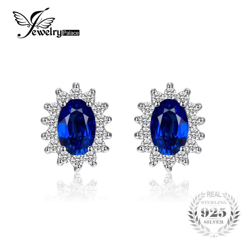JewelryPalace 1.5ct Oval Blue Sapphire Earrings Stud 925 Sterling Silver Fashion Princess Diana Engagement Wedding Accessories