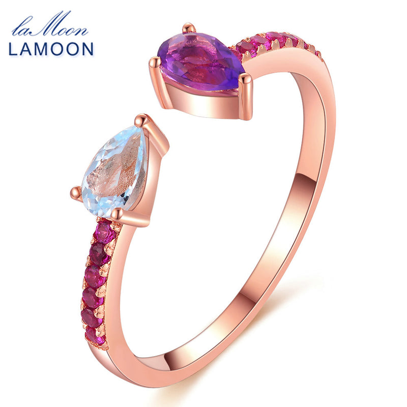 Lamoon Adjustable TearDrop Natural Topaz Amethyst 925 Sterling Silver Ring Women Jewelry LMRI043