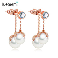 LUOTEEMI Romantic Sea Shell Imitation Double Pearls Pendant with Singer Round CZ Crystal Drop Earrings Vintage Dangle Brincos