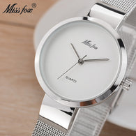Miss Fox Silver Minimalist Watch Steel Slim Simple Style Ultra Thin Watch Waterproof-isodeals