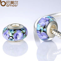Authentic Silver Color Purple European Glass Flower Beads Fit Bracelet & Necklace Jewelry Making PA6326