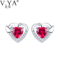 Heart Angel Wings Stud Earrings for Women Red Crystal 925 Silver Original S925 Sterling Silver Brinco Earring
