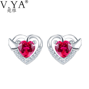 Heart Angel Wings Stud Earrings for Women Red Crystal 925 Silver Original S925 Sterling Silver Brinco Earring