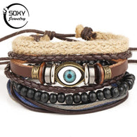 SOXY Multi-layer Adjustable Leather Beaded Bracelet Hand-Woven Men's Bracelet Bangles-isodeals