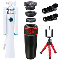 12X Telephoto Zoom Lenses Wide Angle Macro Fisheye Lens Telescope Mobile Tripod Mini Selfie Stick For Mobile Phones-isodeals